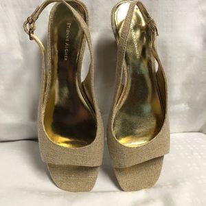Etienne Aigner open toe fabric sling backs